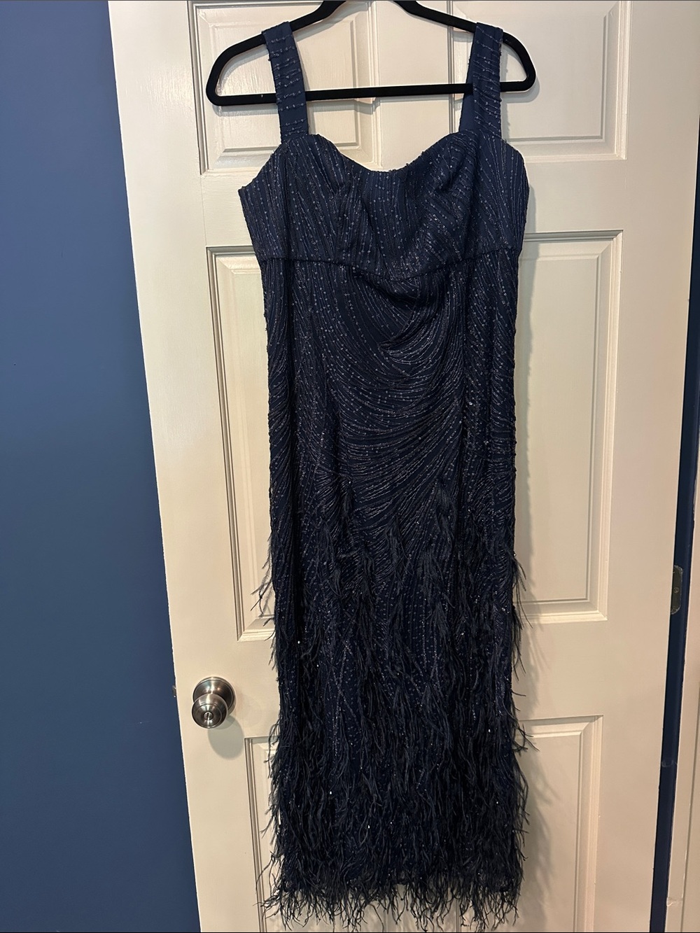 David Meister Navy Beaded Feather-Trim Maxi Dress